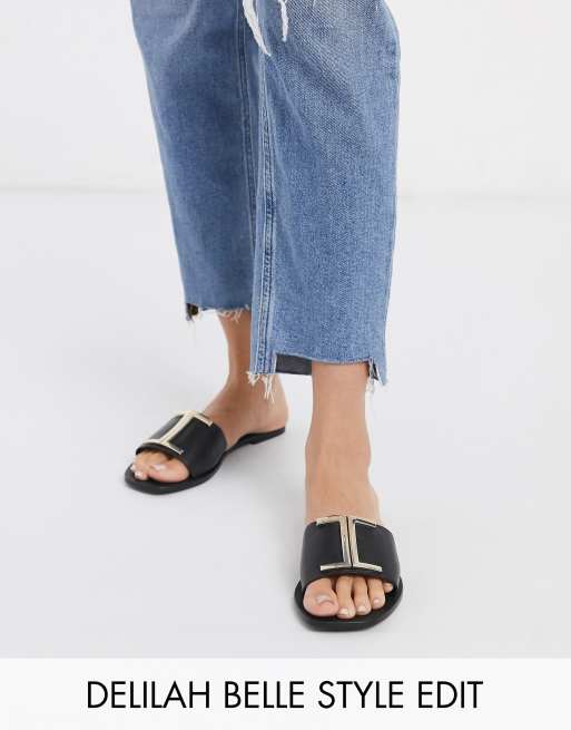 ASOS DESIGN Factor leather flat sandals in black | ASOS