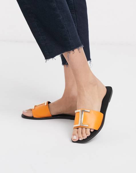 ASOS DESIGN - Factor - Sandales plates en cuir - Orange