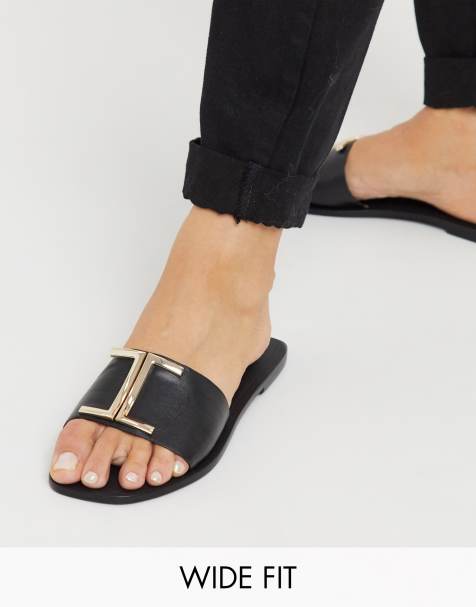 ASOS DESIGN - Factor - Sandales plates larges en cuir - Noir