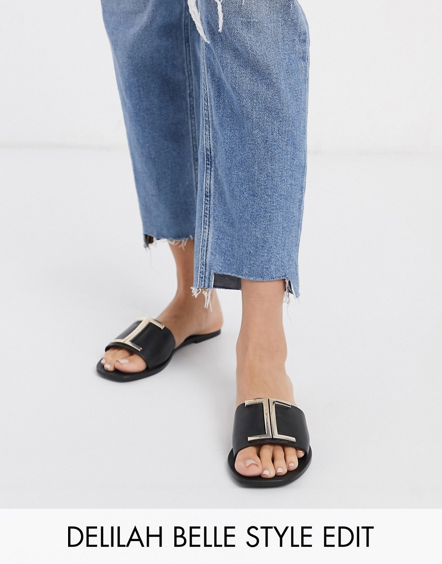 ASOS DESIGN – Factor – Svarta, platta sandaler i läder