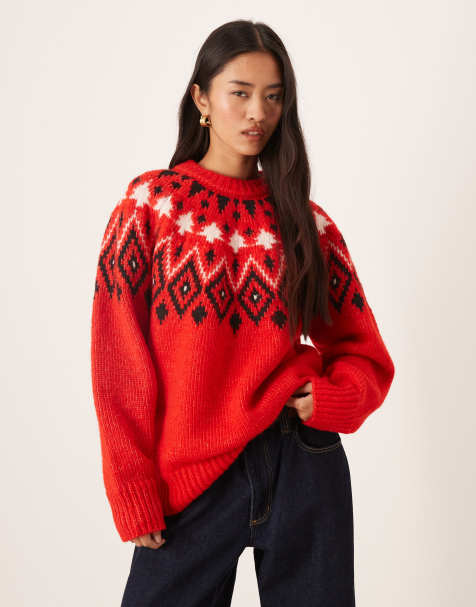 ASOS DESIGN fair isle christmas tree chunky jumper in red - view 1