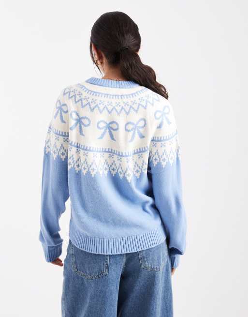 ASOS DESIGN - Fair Isle trui met strikpatroon op de schouderpas in blauw, 2 van 4