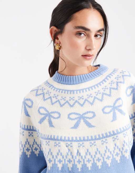 ASOS DESIGN - Fair Isle trui met strikpatroon op de schouderpas in blauw, 4 van 4