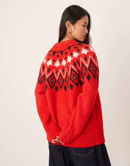 ASOS DESIGN fairisle christmas tree chunky jumper in red, 4 of 4