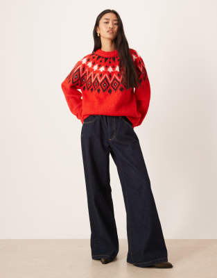 Asos Design Fairisle Christmas Tree Chunky Sweater In Red