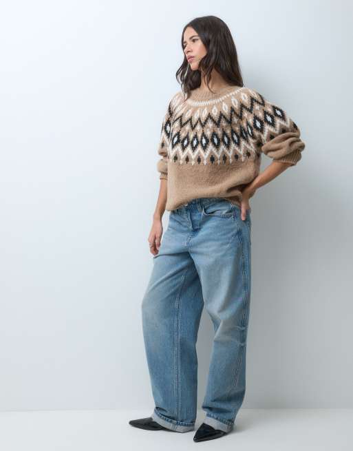 ASOS DESIGN fairisle chunky oversized jumper in camel, 3 of 4