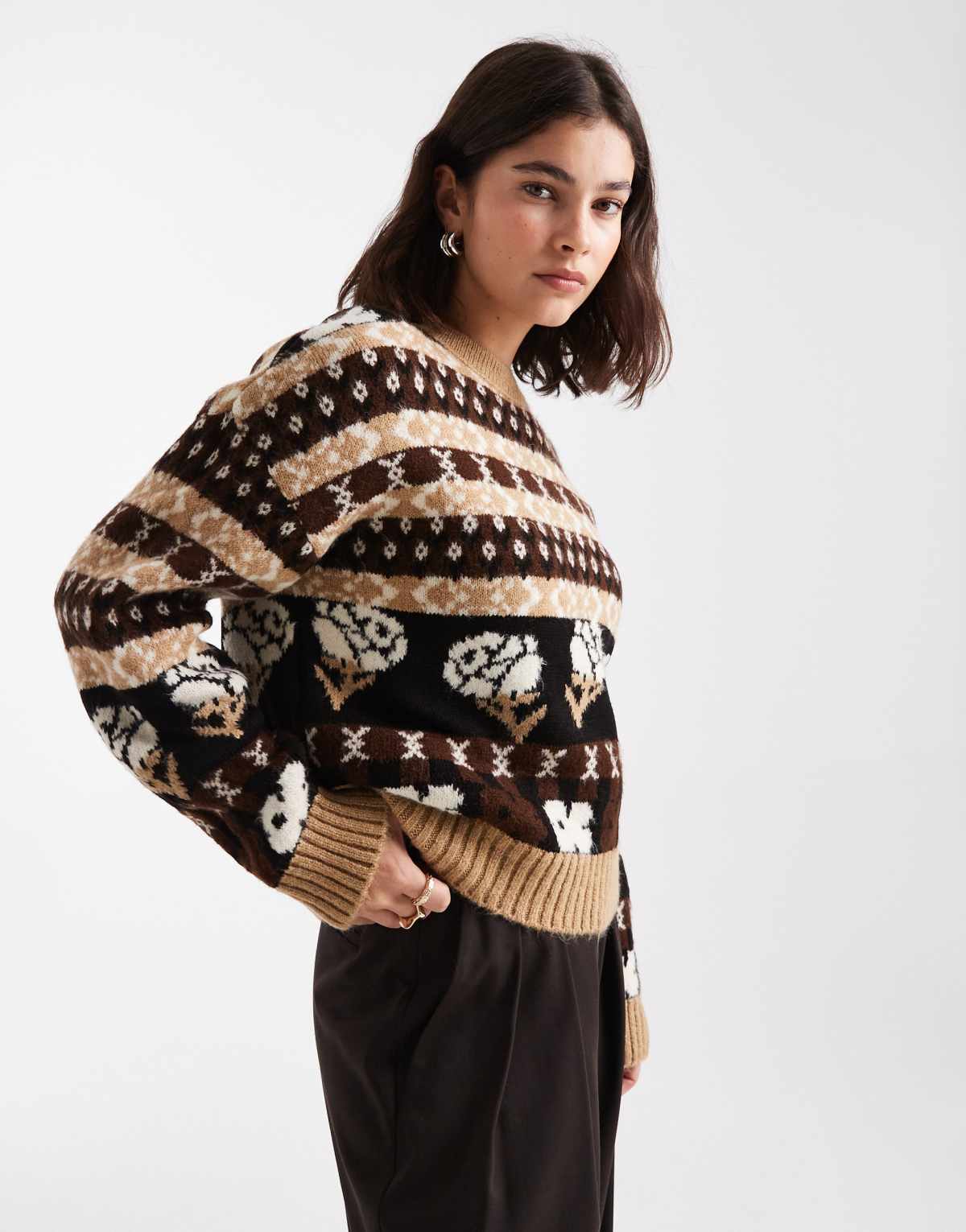 ASOS DESIGN fairisle patterned jumper in brown and buttermilk