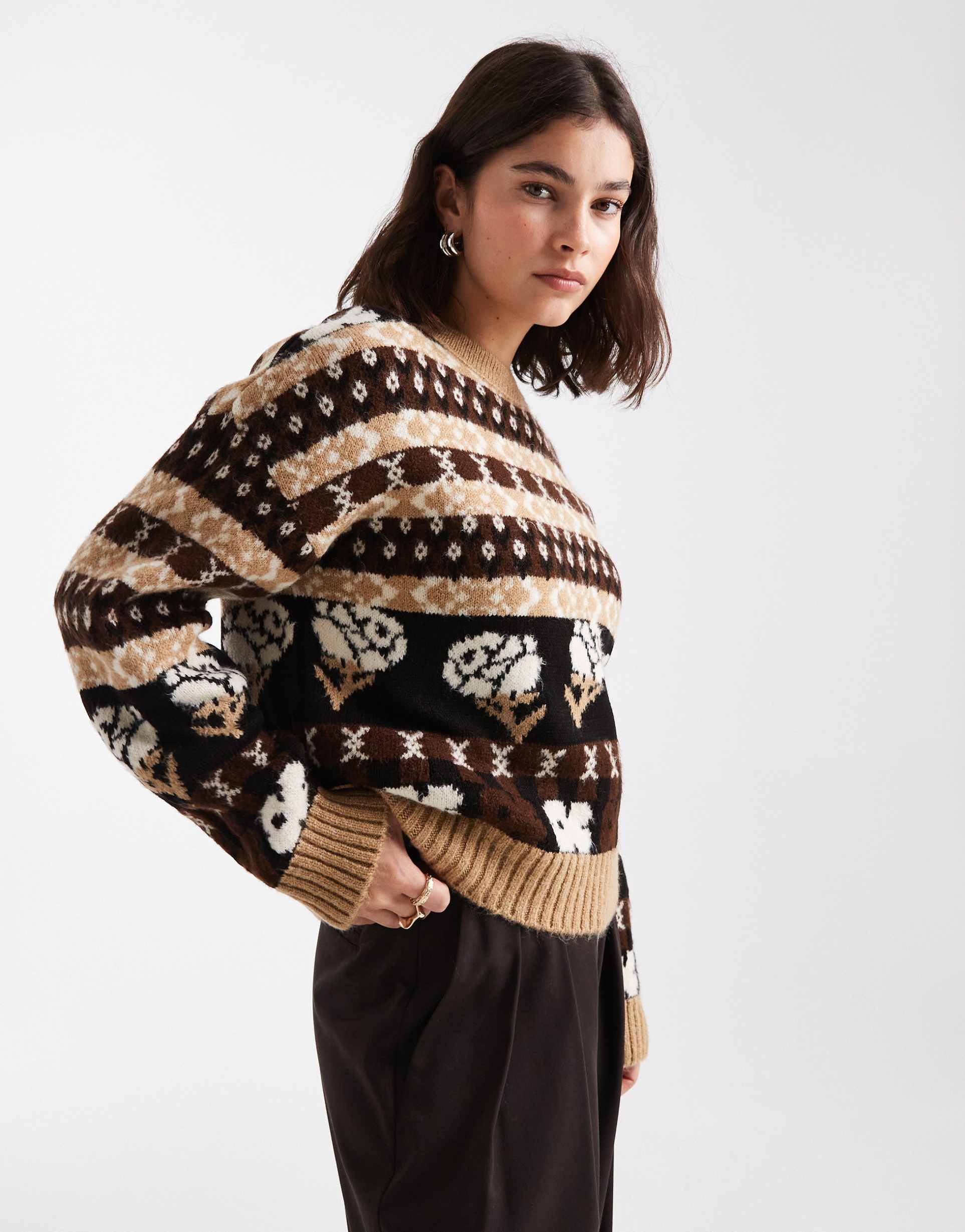 asos design fairisle patterned sweater in brown and buttermilk