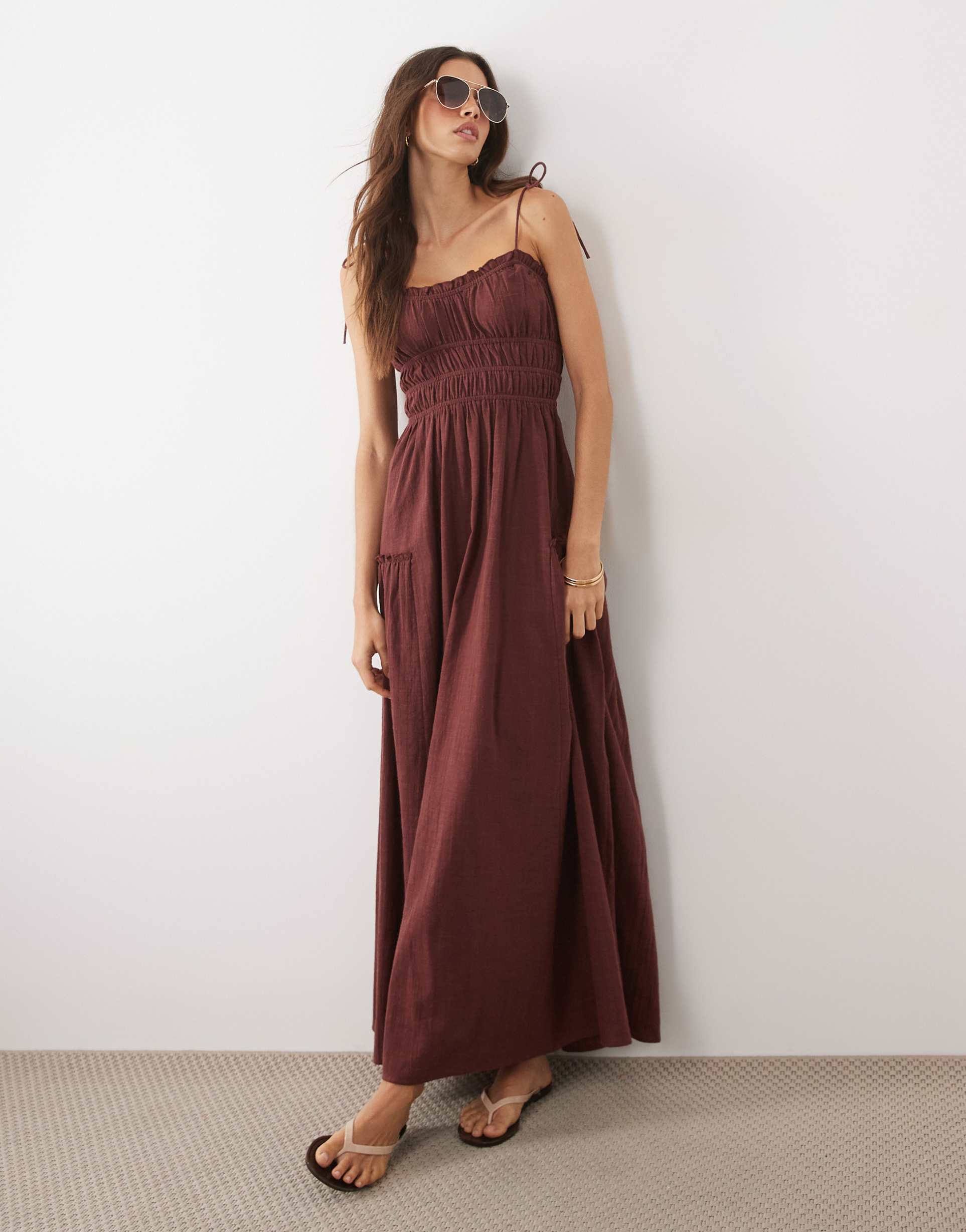 asos design faith beach shirred maxi sundress in chocolate