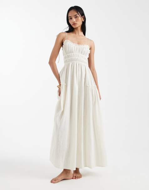ASOS DESIGN Faith beach shirred maxi sundress in cream 