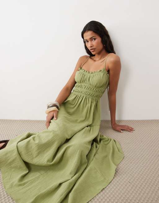 ASOS DESIGN Faith beach shirred maxi sundress in washed olive, 2 of 4