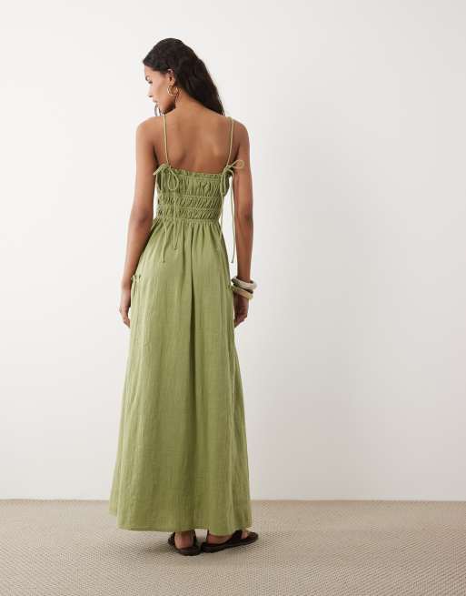 ASOS DESIGN Faith beach shirred maxi sundress in washed olive, 4 of 4