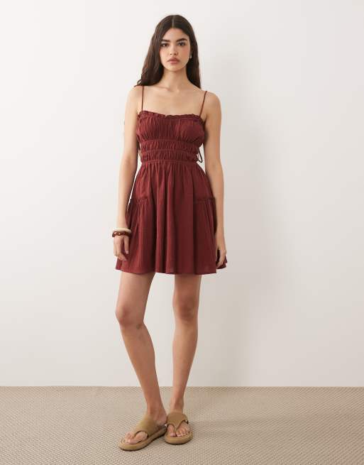 ASOS DESIGN Faith beach shirred mini sundress in burgundy, 2 of 4