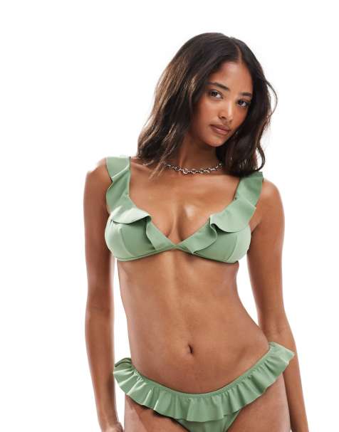 ASOS DESIGN - Faith - Grøn bikinitop med V-hals og flæser - view 1