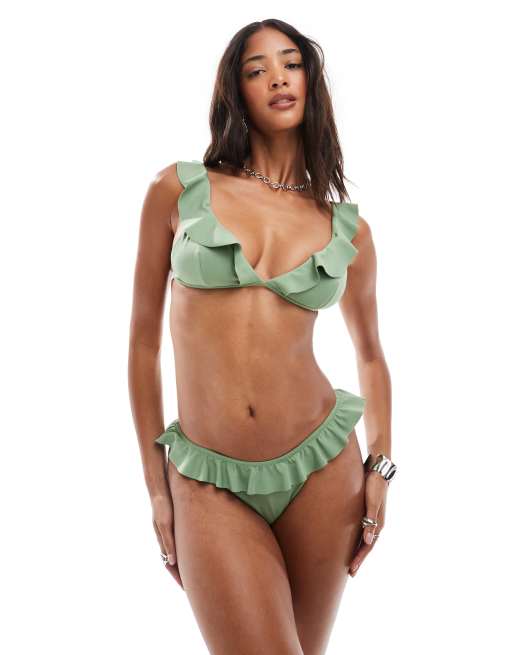 ASOS DESIGN Faith high leg cheeky ruffle bikini bottoms in green, 4 of 4