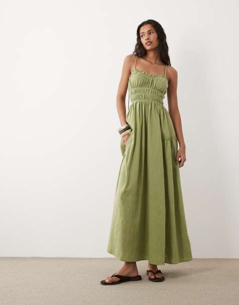 ASOS DESIGN Faith shirred beach maxi sundress in washed olive - view 1