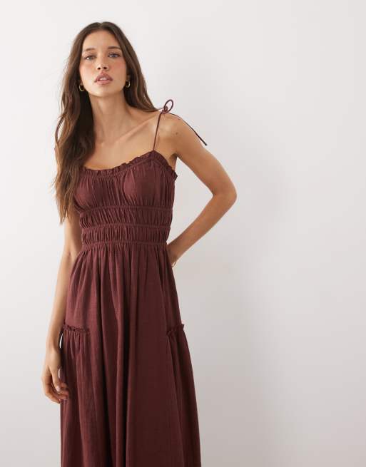 ASOS DESIGN - Faith - Vestido veraniego largo marrón chocolate fruncido, 2 de 4