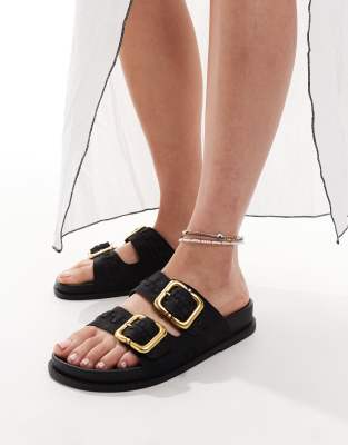 Asos Design Faithful Woven Detail Footbed Slides In Black