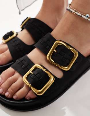 Asos Design Faithful Woven Detail Footbed Slides In Black