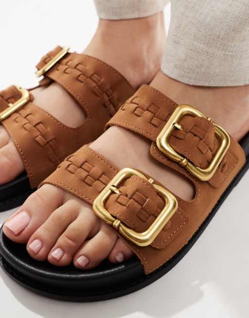ASOS DESIGN Faithful woven detail footbed slides in tan