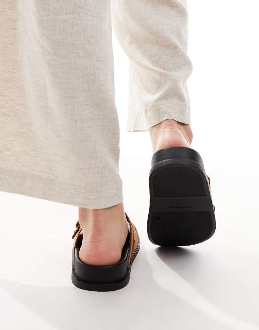 ASOS DESIGN Faithful woven detail footbed slides in tan