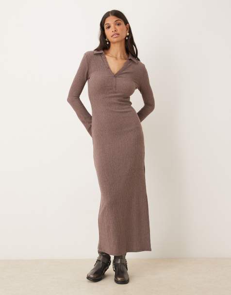 ASOS DESIGN textured shirt midi dress in brown