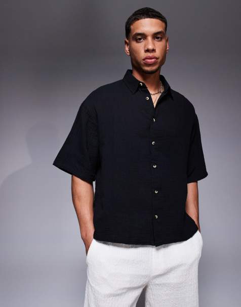 ASOS DESIGN cheesecloth textured regular shirt in black