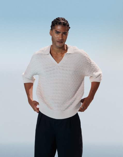 ASOS DESIGN relaxed textured knitted notch neck polo in ecru
