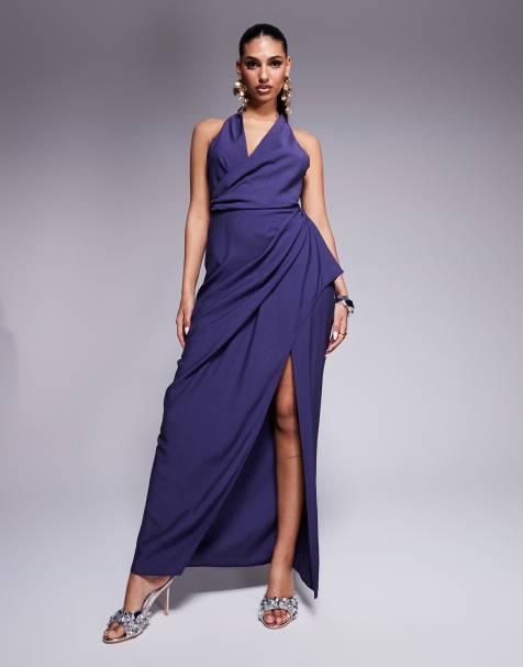 ASOS DESIGN plunge wrap front textured maxi dress with draped skirt in indigo blue