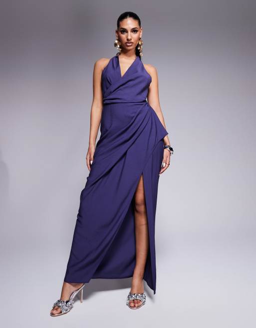 ASOS DESIGN – Fakturowana kopertowa sukienka maxi z głębokim dekoltem i drapowaną spódnicą w kolorze indygo