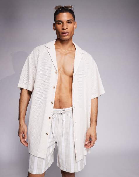 ASOS DESIGN oversized deep revere textured long length shirt in off white