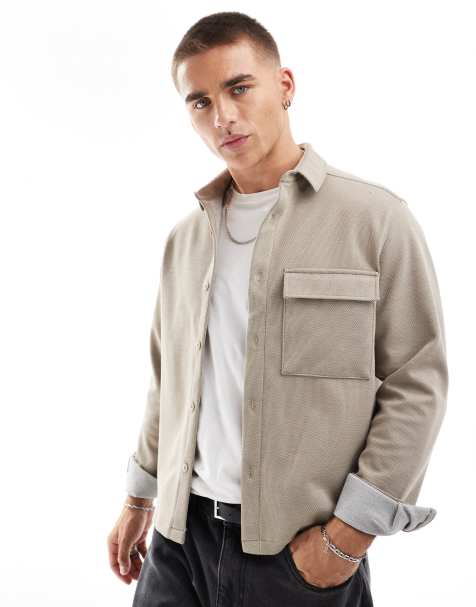 ASOS DESIGN stretch textured boxy overshirt in oatmeal