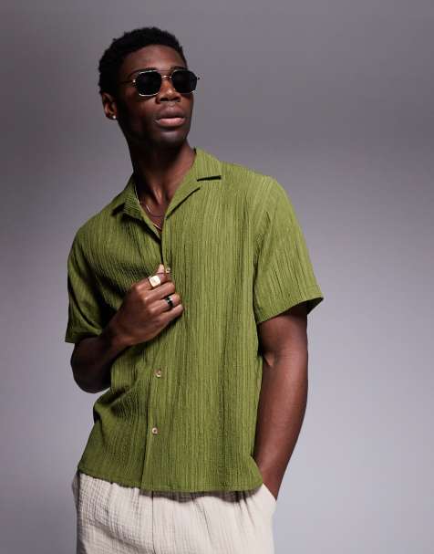 ASOS DESIGN textured revere shirt in khaki