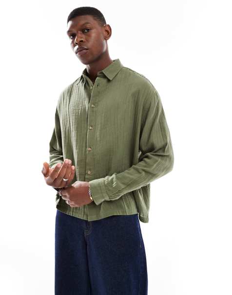 ASOS DESIGN cheesecloth textured regular shirt in khaki