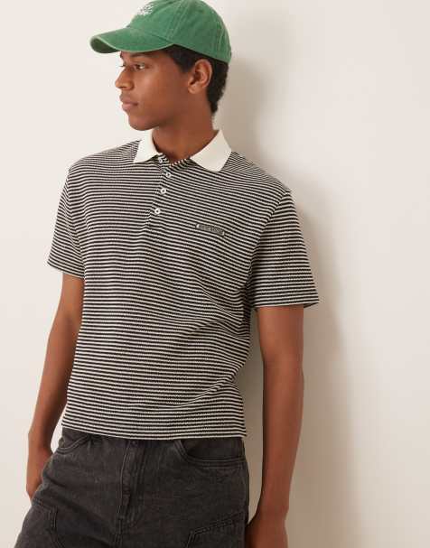 ASOS DESIGN boxy relaxed polo in cream and black  texture stripe with chest embroidery