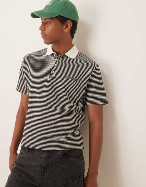 ASOS DESIGN – Fakturowana koszulka polo w kremowo-czarne paski o luźnym pudełkowym kroju z wyhaftowanym detalem na piersi