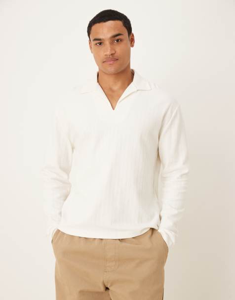 ASOS DESIGN relaxed long sleeve polo in cream texture - CREAM