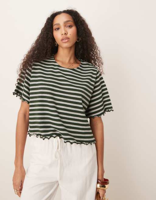 ASOS DESIGN – Fakturowana krótka koszulka w zielono-białe paski z karbowanym brzegiem