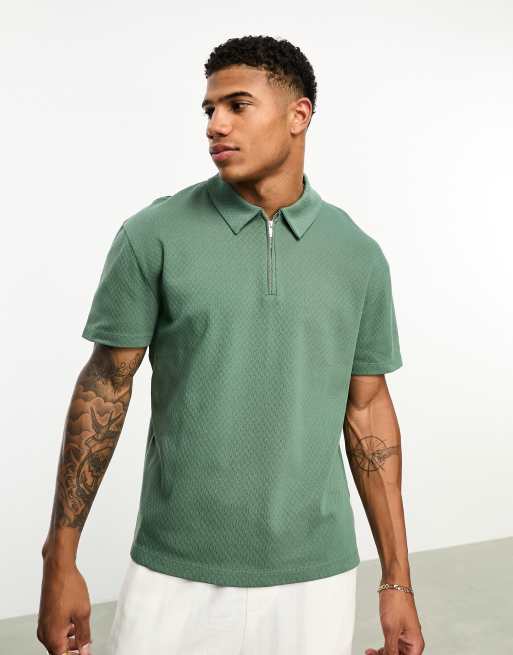 ASOS DESIGN – Fakturowana luźna koszulka polo w kolorze khaki z suwakiem pod szyją 