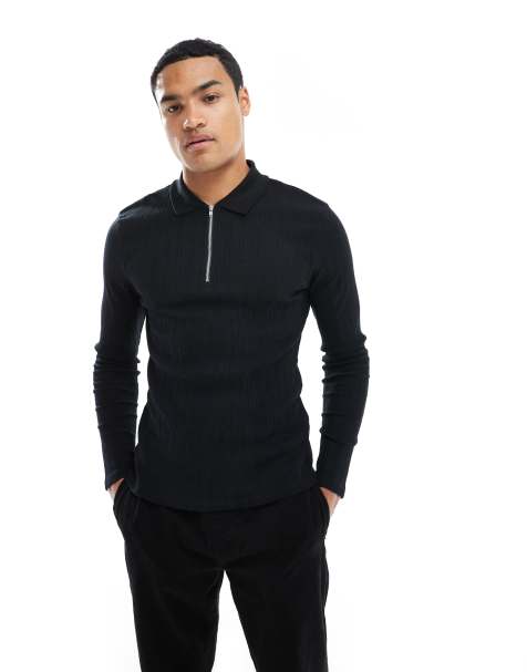 ASOS DESIGN muscle fit long sleeve polo with zip in black textured rib - BLACK