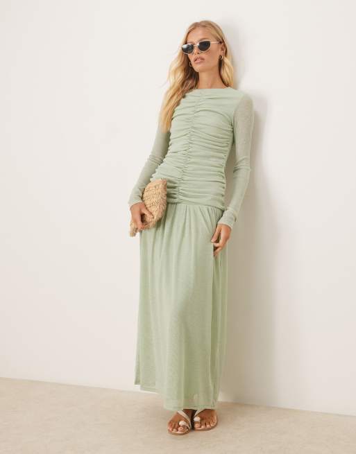 ASOS DESIGN – Fakturowana prążkowana sukienka maxi z długimi rękawami i marszczeniem z przodu w miętowym kolorze