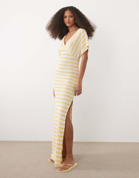ASOS DESIGN – Fakturowana sukienka maxi z krótkimi rękawami, dekoltem w kształcie litery V i rozcięciem z boku w żółte paski - view 1