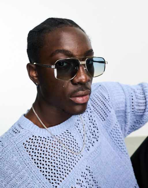 ASOS DESIGN – Fakturowane metalowe okulary przeciwsłoneczne typu aviator w kolorze złota z niebieskimi soczewkami