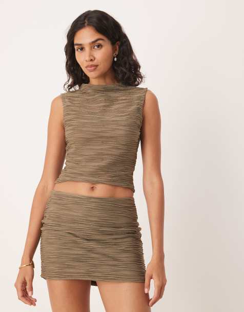ASOS DESIGN co-ord metallic textured high neck top in khaki green