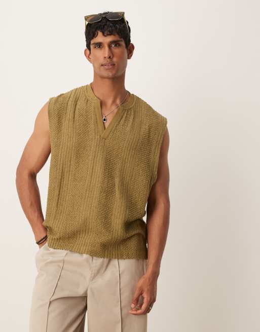 ASOS DESIGN – Fakturowany podkoszulek oversize o pudełkowym kroju z dekoltem w kształcie litery V w kolorze khaki