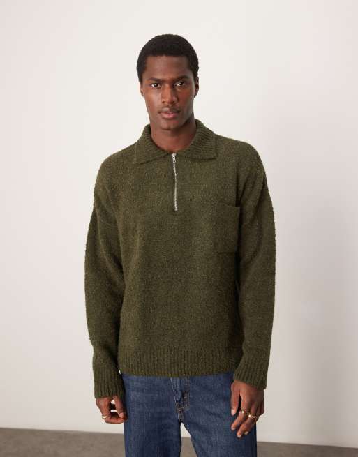ASOS DESIGN – Fakturowany sweter o pudełkowym kroju oversize z kołnierzykiem polo, zamkiem pod szyją i kieszenią w kolorze khaki