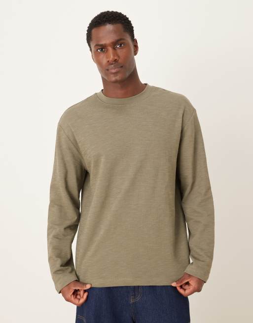 ASOS DESIGN – Fakturowany T-shirt o luźnym kroju z długimi rękawami w kolorze khaki