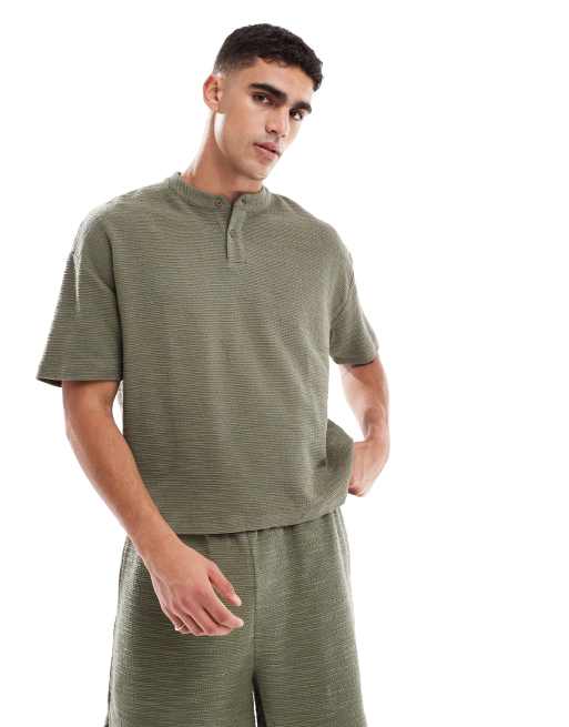 ASOS DESIGN – Fakturowany T-shirt oversize o pudełkowym kroju z dekoltem henley, część zestawu