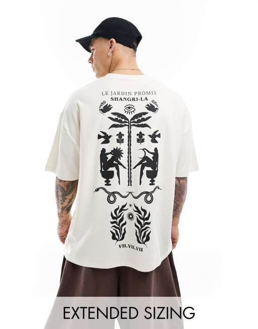ASOS DESIGN – Fakturowany T-shirt oversize w kolorze złamanej bieli z astrologicznym nadrukiem na plecach