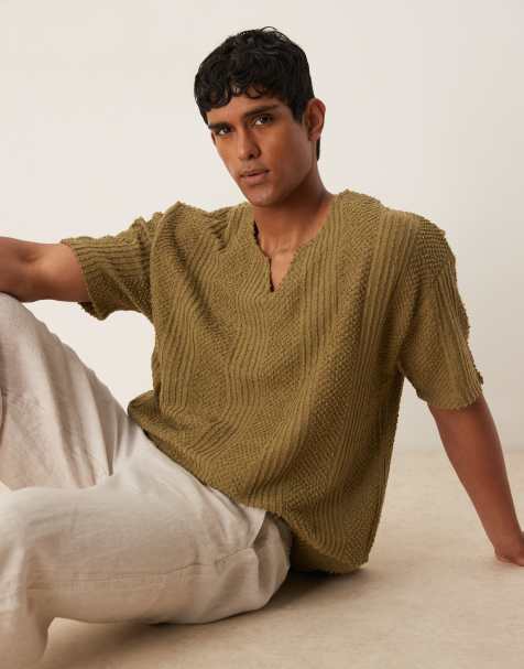 ASOS DESIGN oversized t-shirt with v neck in khaki texture